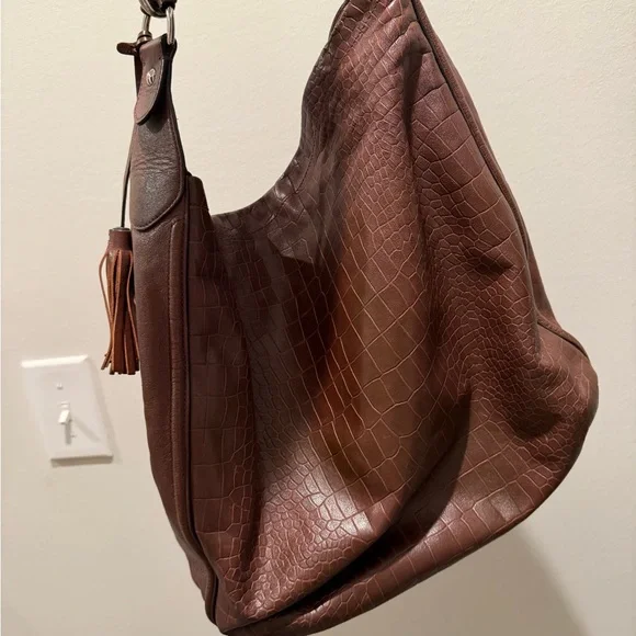 Coach Croc-Embossed Dark Brown Leather Hobo with Tassel - Picture 2 of 4